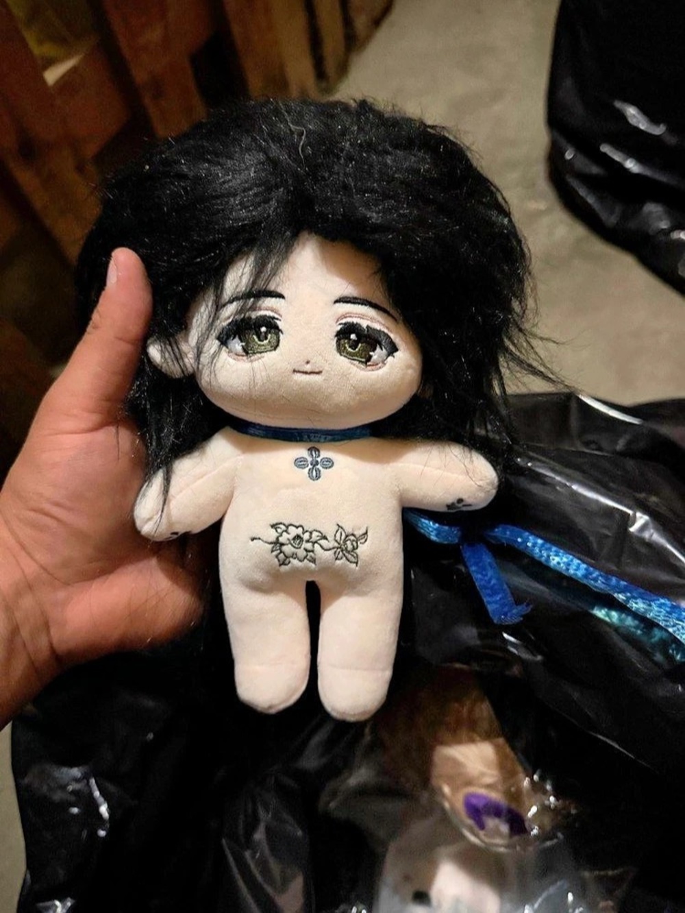 • 20cm Cotton Doll Long Black Hair Anime Plush - Flower Tattoo & Paw Embroidery